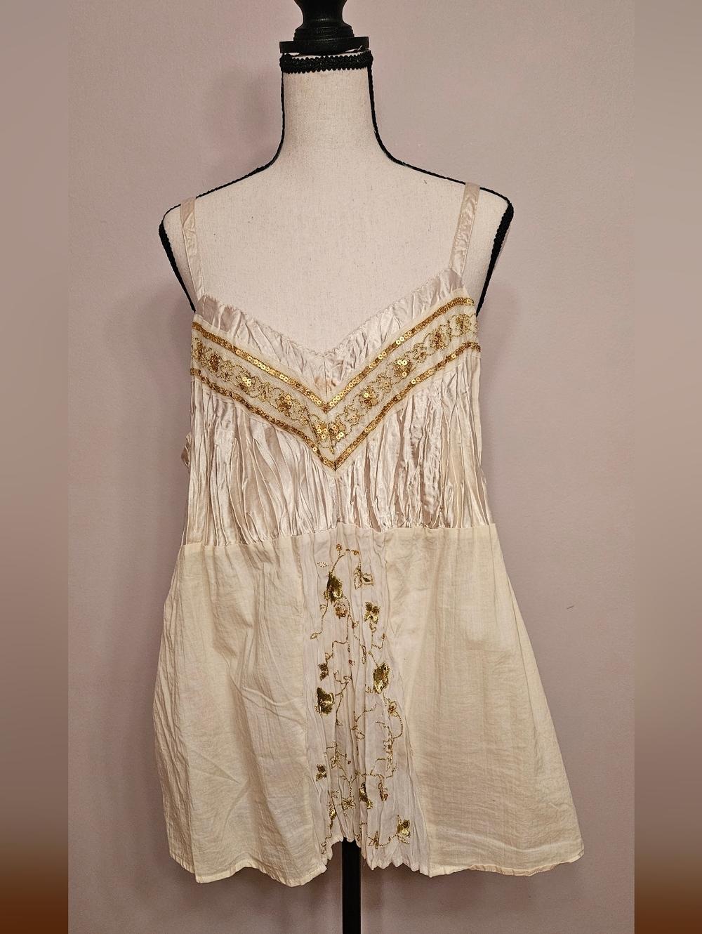 Fairycore Cream Smocked Gold Embroidered & Sequined Coquette Top